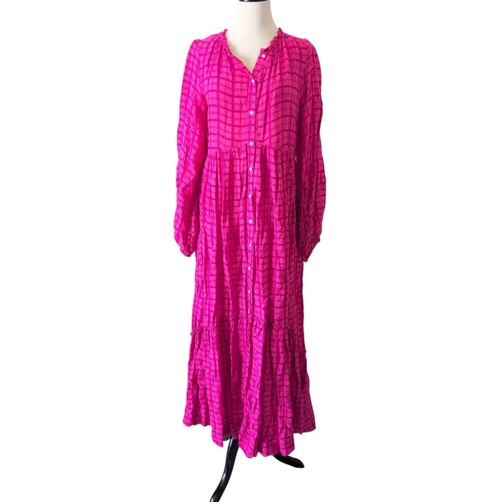 Free People Maxi Dress Womens Small Edie Hot Pink Shirtdress Ruffle Boho Whimsy - Picture 2 of 12
